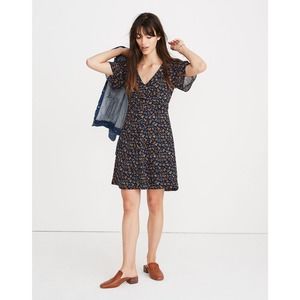 Madewell Cross-Front Mini Dress in Garden Party Blue Floral V-Neck Self Tie Sz 4